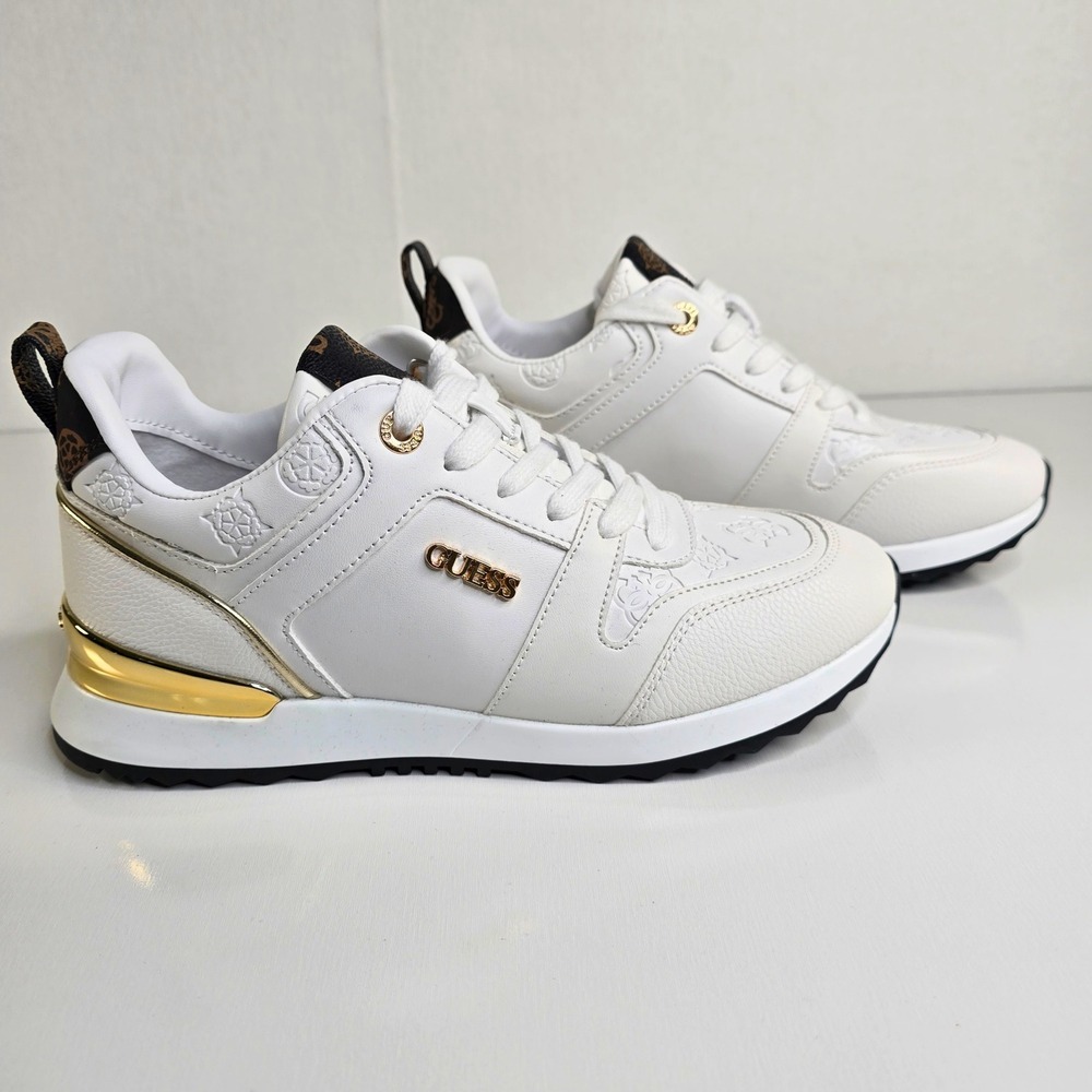 Guess Loven White Gold Logo Sneakers Low Top Lace Up Shoes Womens Size 8M